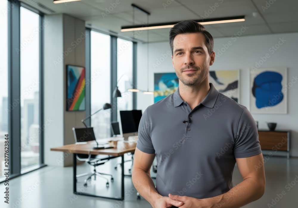 Fototapeta premium Confident Professional Businessman in Modern Office Setting Wearing Polo Shirt and Lapel Microphone