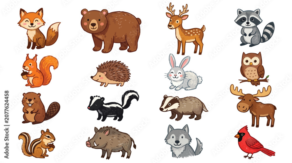 Obraz premium Cute Crayon Woodland Forest Animals Collection Hand Drawn Kids Style Vector
