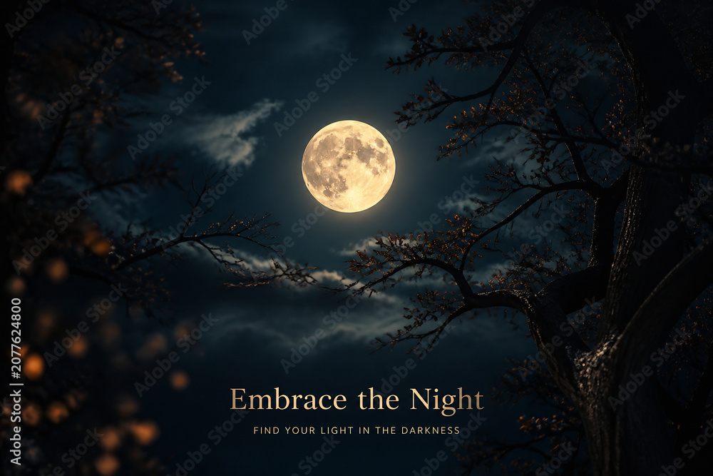 Fototapeta premium A bright full moon shines over a dark, silhouetted forest under a cloudy night sky.