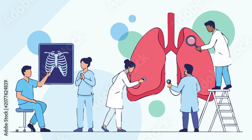 Quadro su tela Doctors Examining Human Lungs with Medical Tools and X-ray
