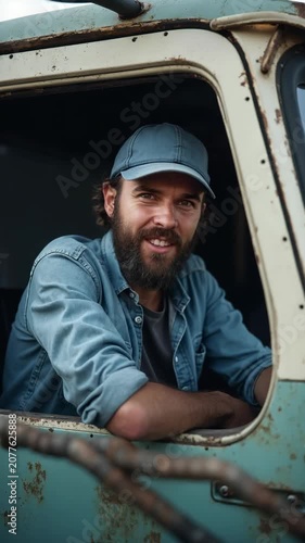 Bearded man smiles warmly from truck cab window. He wears cap and denim shirt. Rusty vehicle suggests rural or work setting. Scene feels friendly, welcoming, and grounded