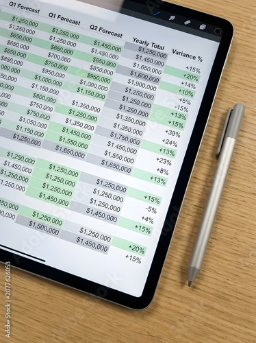 Tablet screen with spreadsheet showing financial forecast data and variance percentages on wooden table.