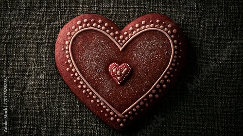 Heart shaped gingerbread cookie with decorative icing on a textured green canvas background