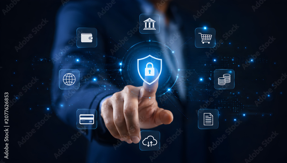 Fototapeta premium Business Professional Interacting with Digital Cybersecurity and Data Protection Interface – Shield, Lock, Security, Bank, Shopping, Credit, Cloud, Document, Digital, Technology