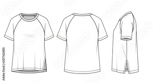 Technical fashion illustration of women's raglan sleeve t shirt front back and side views