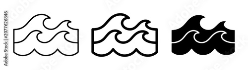 Photos 3 Wave Icons Set Outline Filled Silhouette for Ocean and Sea Concepts