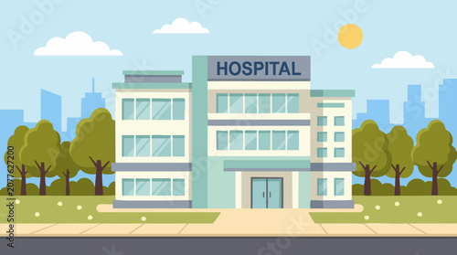 Fotografía Modern hospital building exterior in a flat cartoon style with city background