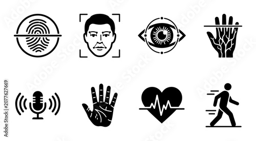 Foto Biometric authentication icon set fingerprint, face, eye, hand, voice, heart, ga