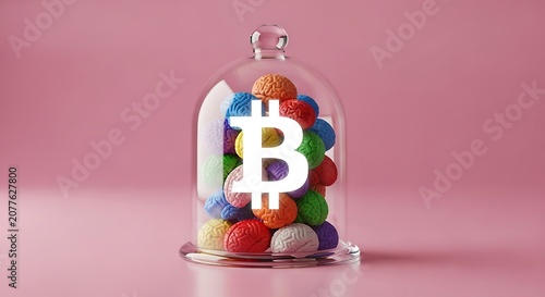 Bitcoin symbol with colorful brains under glass cloche on pink