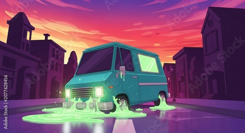 Blue van spilling glowing green slime on a city street at sunset