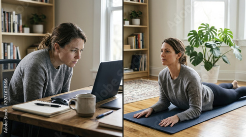 Woman contrasts sedentary work with active adult tummy time at home, promoting wellness and posture relief.