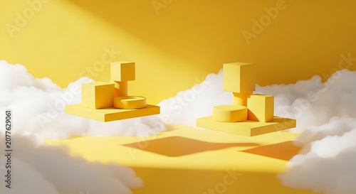 Bright yellow geometric podiums and clouds with sunlight shadows