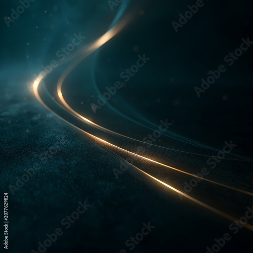 Abstract flowing lines creating luxury teal gold background. Abstract golden and teal lines flowing across a dark textured background generating a sense of luxury