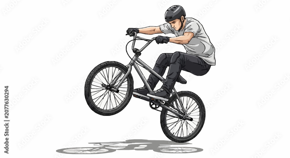 Obraz premium Young Cyclist Performing Wheelie Trick on BMX Bike Against Plain Background