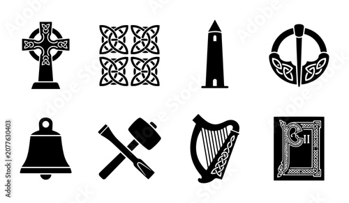 Irish Celtic Icons Collection: Cross, Harp, Bell, Tower, Knotwork, Brooch, Book, Hammer & Chisel Symbols
