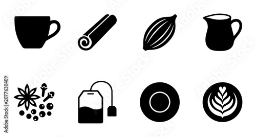Chai Tea Ingredients Icons, Coffee Cup, Spices, and Latte Art Vector Set