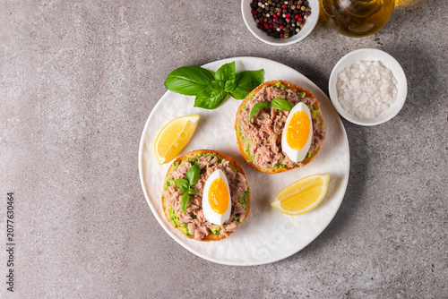 Toast with Canned Tuna. Fish open sandwich with egg and avocado. 
