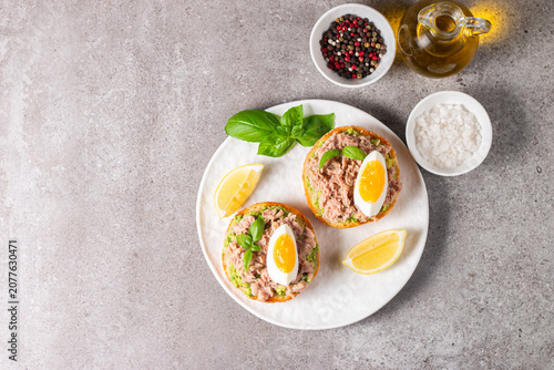 Toast with Canned Tuna. Fish open sandwich with egg and avocado. 