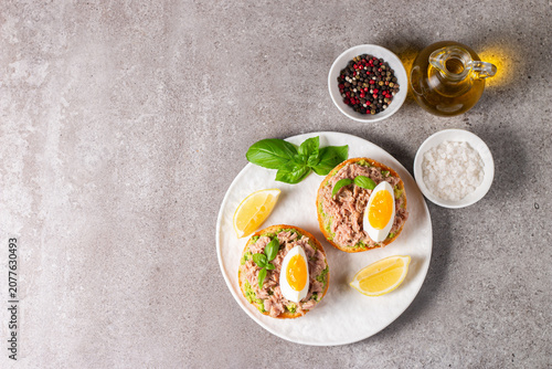 Toast with Canned Tuna. Fish open sandwich with egg and avocado. 