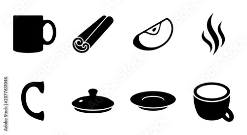 Schilderij op canvas 8 Food and Drink linear icon set mug cinnamon apple steam pot lid plate cup, UI