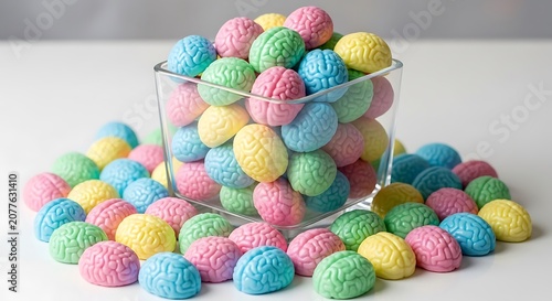 Colorful brain shaped candies in glass jar on white table