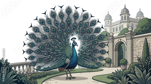 Peacock spreading colorful feathers outdoors.