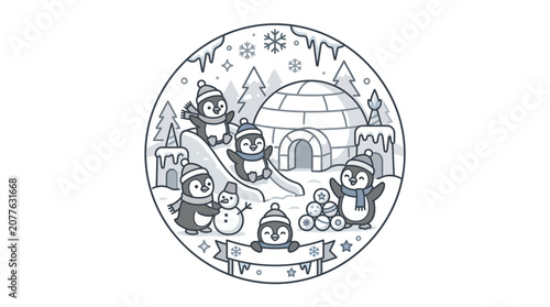 Penguins playing with snow and toys.
