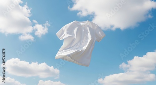 White t shirt floating in air with blue sky and clouds