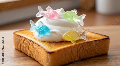 Colorful fish candies on toast with cream for breakfast or dessert