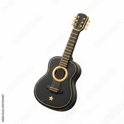 3D Render of Acoustic Guitar in Matte Black and Gold with Star Detail