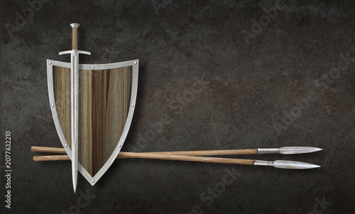sword wooden shield and two spears on grunge background