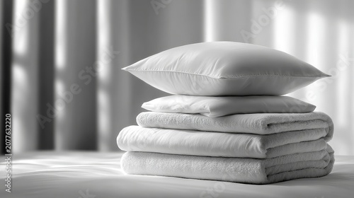 Stack of clean white folded towels and pillow