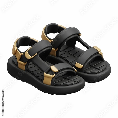 3D rendered illustration of a pair of sporty black and gold strap sandals on a white background