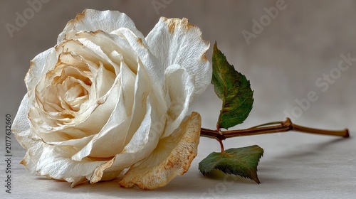Close-up of a delicate white rose with fading petals