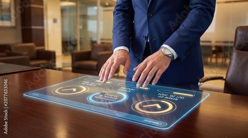 Certification Renewal Management System with Holographic Dashboard in Luxury Corporate Office Showing Digital Compliance Timers and Status Tracking