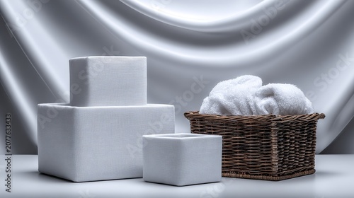 Stacked fluffy towels on a white ceramic storage box next to a wicker basket with toiletries and green plants. Minimalist bathroom decor, organized home interior, spa-like atmosphere, and Scandinavian