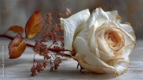 Withered white rose with dried leaves on a wooden table. Sad, nostalgic, and melancholic mood, symbolizing lost love, death, grief, and the passage of time.