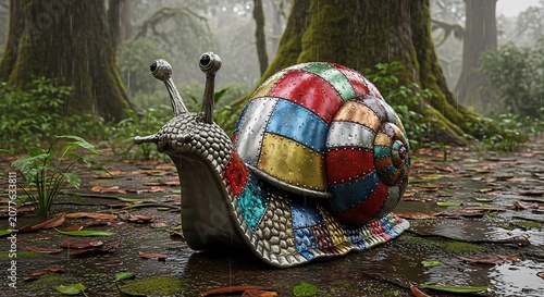 Colorful metallic snail on wet forest floor in rain