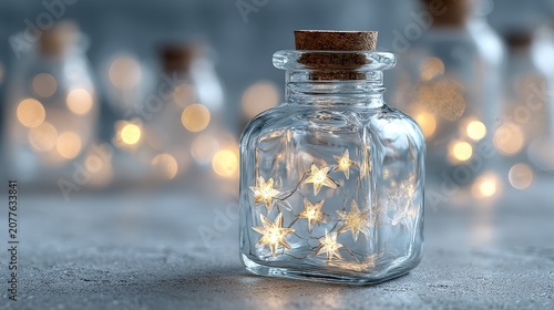 Close-up of a glass jar with glowing star lights on a textured surface. Bokeh background, festive Christmas decoration, cozy winter holiday, and magical warm ambiance concept.