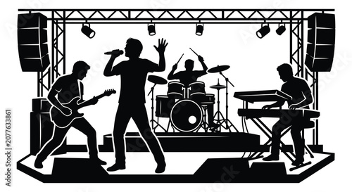 Tableau sur toile Band Silhouette Performing On Stage With Lighting Rigs Black And White