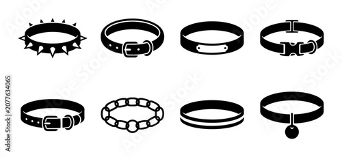 Diverse Collar Collection Vector Icons, Pet Accessories Set, Fashion Neckwear Graphics, Animal Gear Symbols