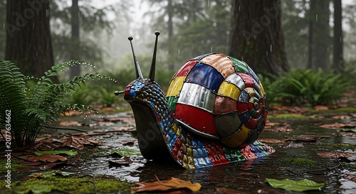 Colorful patchwork metal snail statue in a wet forest rain