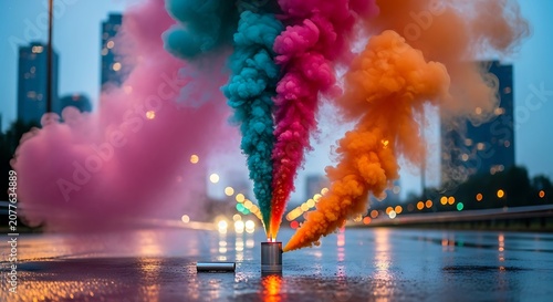 Colorful smoke bombs on wet city street at night