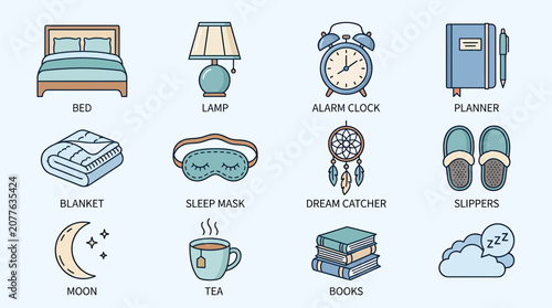 Foto Cozy Sleep and Relaxation Icons: Bed, Pillow, Blanket, Lamp, Tea, Book, Moon