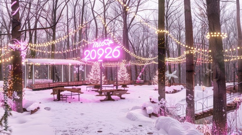Winter Forest Party Scene with Pink Neon Lights and Festive Decorations in Snowy Landscape