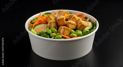 Healthy Tofu Buddha Bowl with Fresh Vegetables and Sesame Dressing
