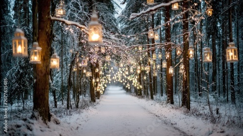 Winter Forest Path with Hanging Lanterns and Sparkling Lights in Snowy Landscape