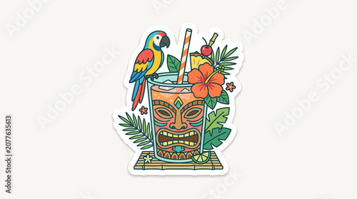 Tiki Cocktail with Parrot and Tropical Flowers - Summer Vacation Drink