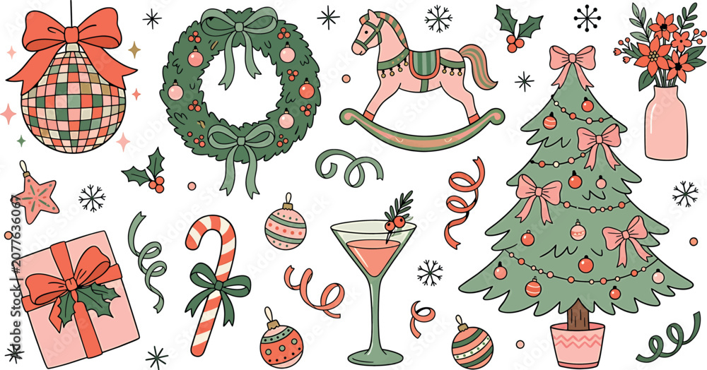Fototapeta premium Set of cute handdrawn christmas elements including tree, wreath, gift, and ornaments