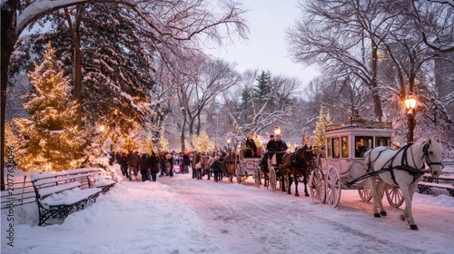 Winter Park Scene with Horse Drawn Carriage and Festive Lights in Snowy Evening
